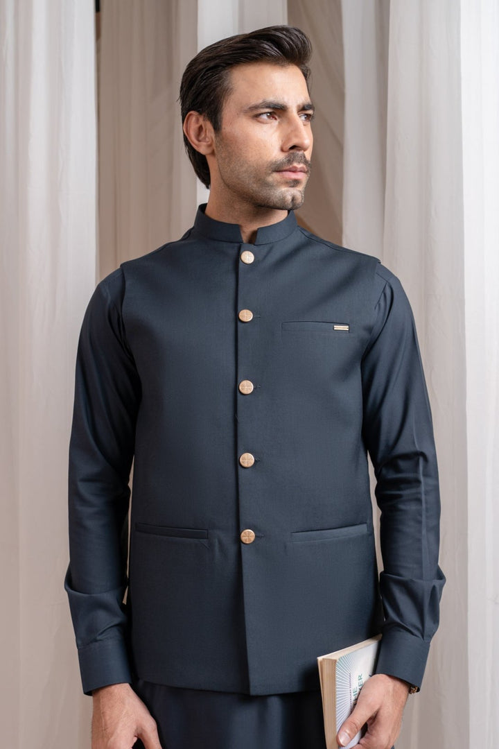 Muraqsh Ready To Wear Solids Cotton Men Charcoal Grey Suiting Waistcoat Straight Cut Buttoned MUR-CGSW - Summer Collection