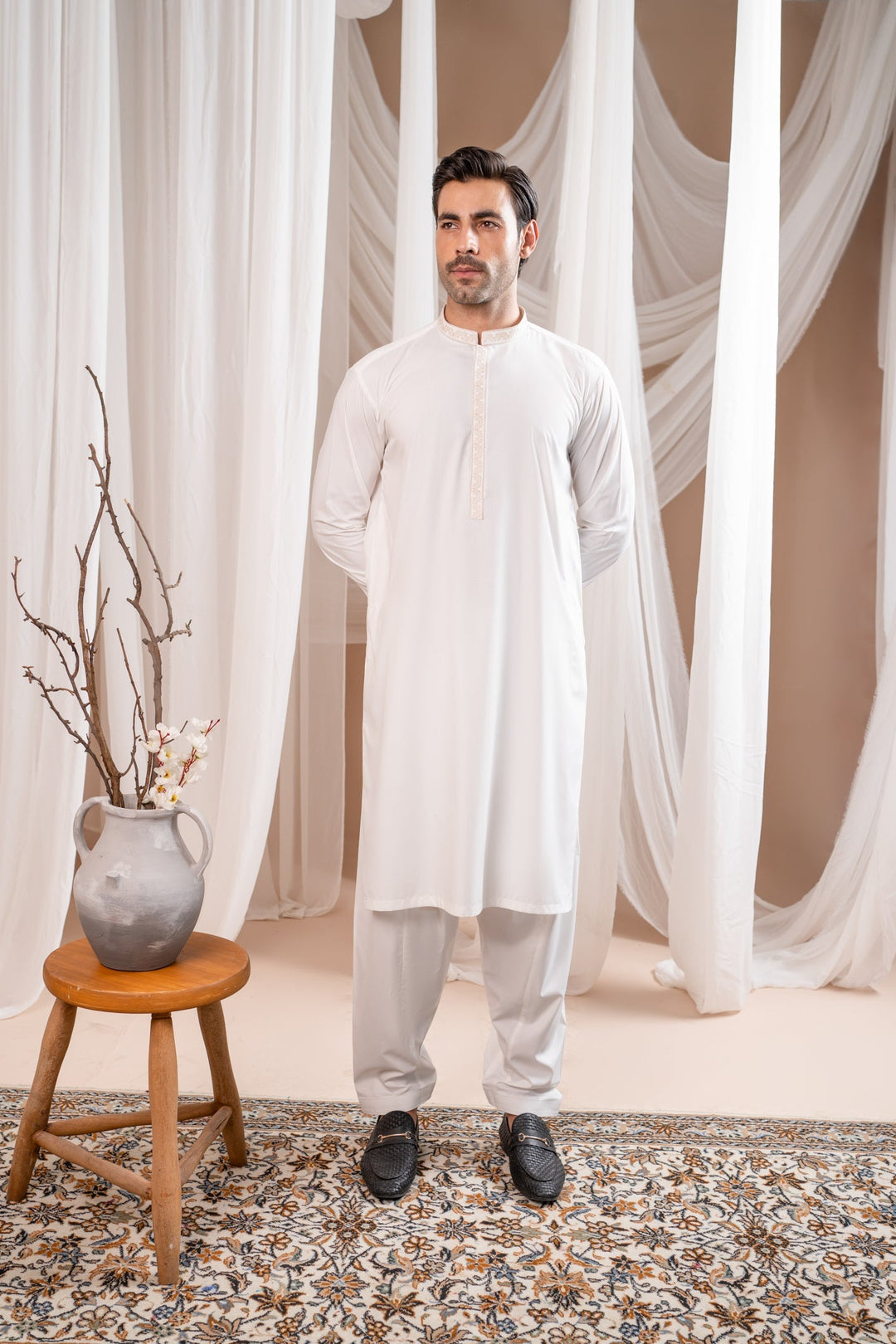 Muraqsh Ready To Wear Embroidered Cotton Men Formal Off White Kurta Shalwar Collar Neck MUR-FOWKS - Summer Collection