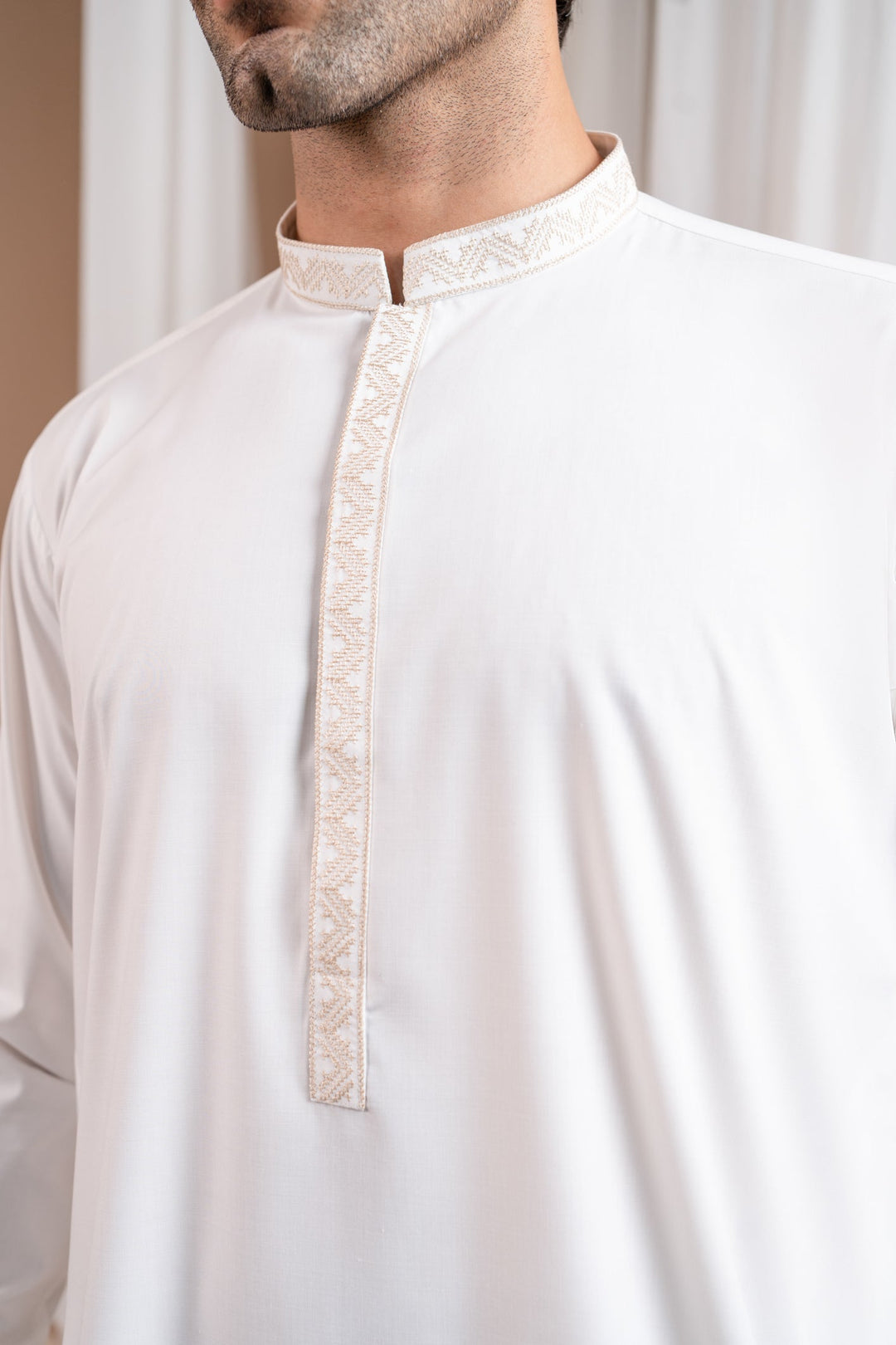 Muraqsh Ready To Wear Embroidered Cotton Men Formal Off White Kurta Shalwar Collar Neck MUR-FOWKS - Summer Collection