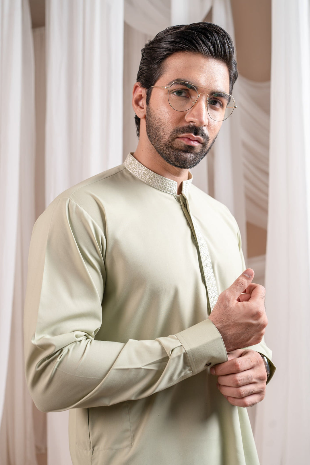 Muraqsh Ready To Wear Embroidered Cotton Men Formal Mint Green Kurta Shalwar Collar Neck MUR-FMGKS - Summer Collection