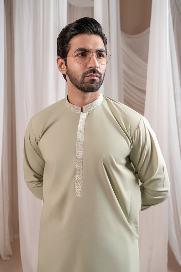 Muraqsh Ready To Wear Embroidered Cotton Men Formal Mint Green Kurta Shalwar Collar Neck MUR-FMGKS - Summer Collection