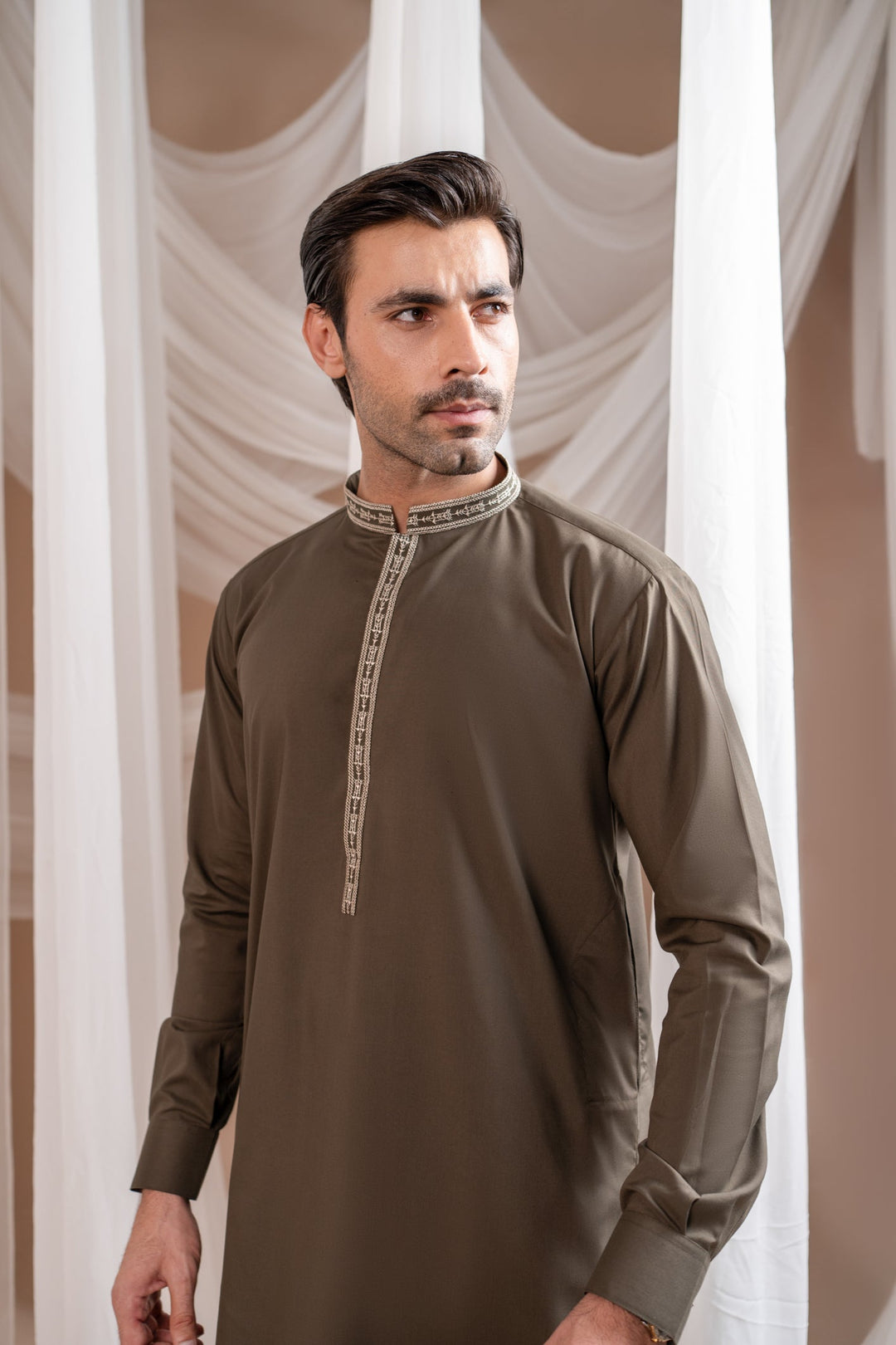 Muraqsh Ready To Wear Embroidered Cotton Men Formal Olive Green Kurta Shalwar Collar Neck MUR-FOGKS - Summer Collection