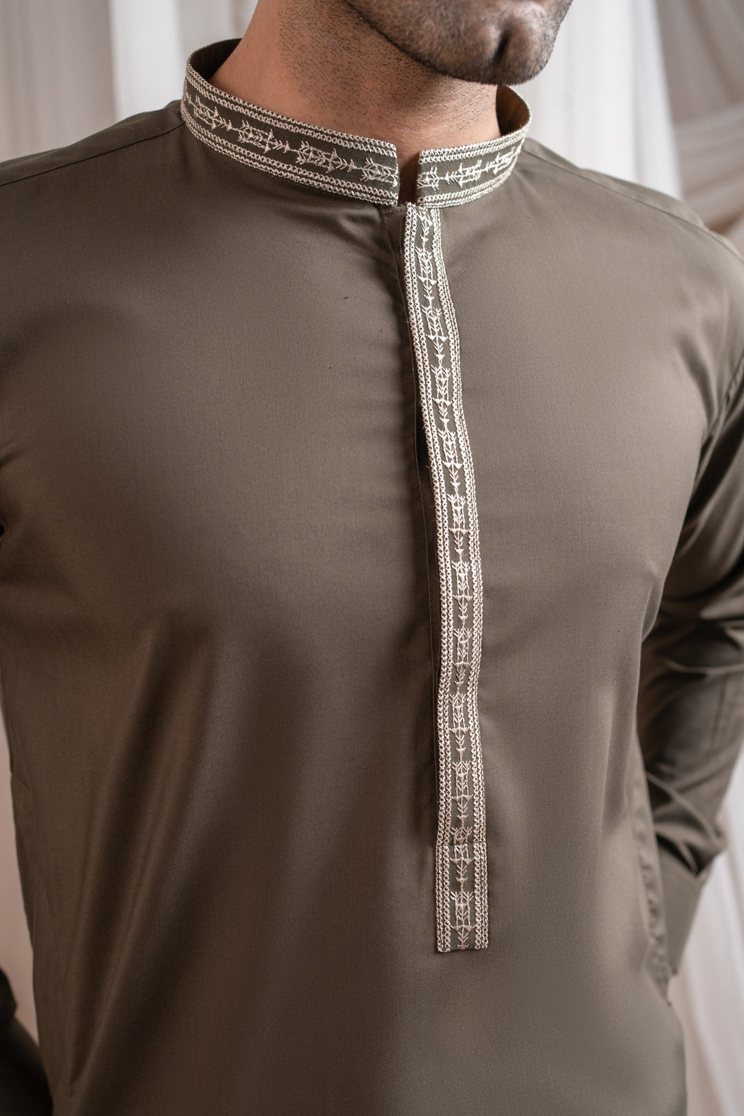 Muraqsh Ready To Wear Embroidered Cotton Men Formal Olive Green Kurta Shalwar Collar Neck MUR-FOGKS - Summer Collection