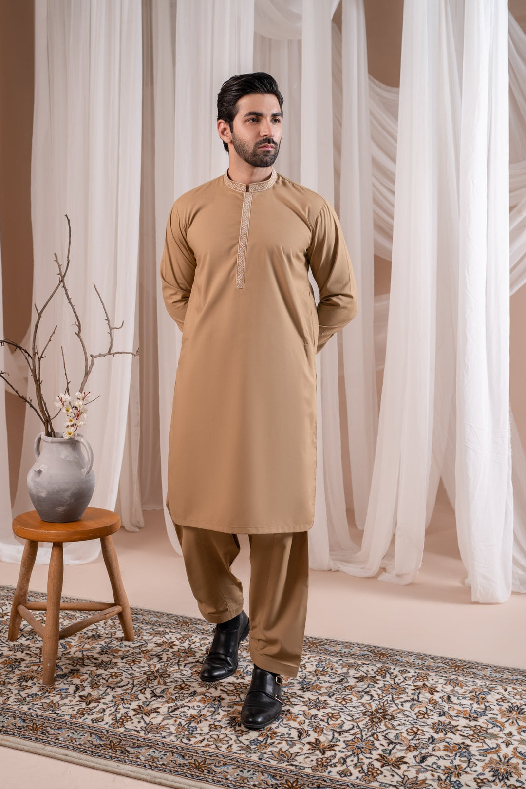 Muraqsh Ready To Wear Embroidered Cotton Men Formal Camel Kurta Shalwar Collar Neck MUR-FCKS - Summer Collection