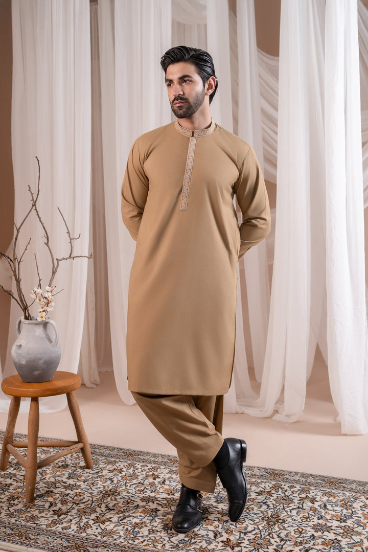 Muraqsh Ready To Wear Embroidered Cotton Men Formal Camel Kurta Shalwar Collar Neck MUR-FCKS - Summer Collection