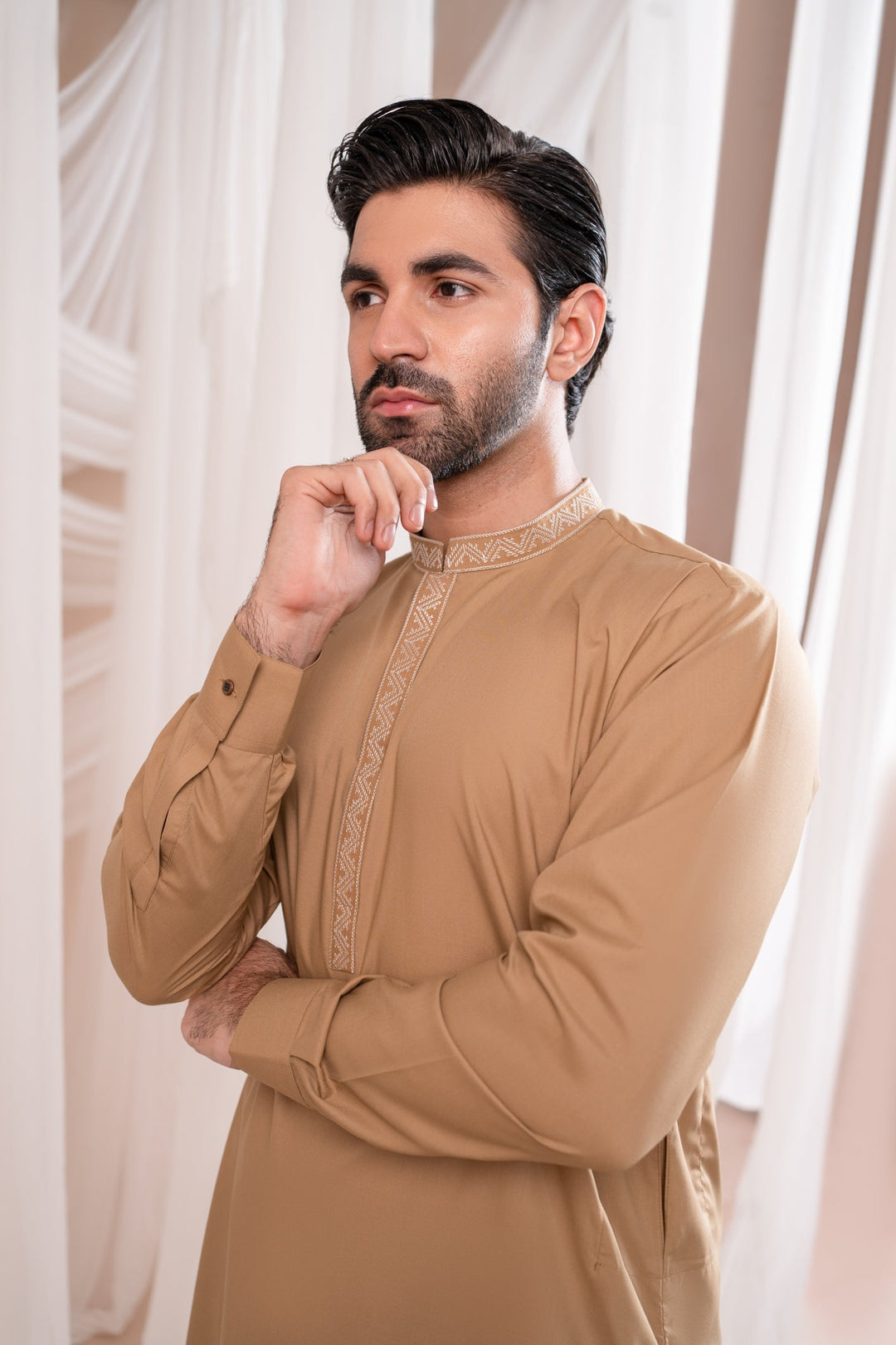 Muraqsh Ready To Wear Embroidered Cotton Men Formal Camel Kurta Shalwar Collar Neck MUR-FCKS - Summer Collection