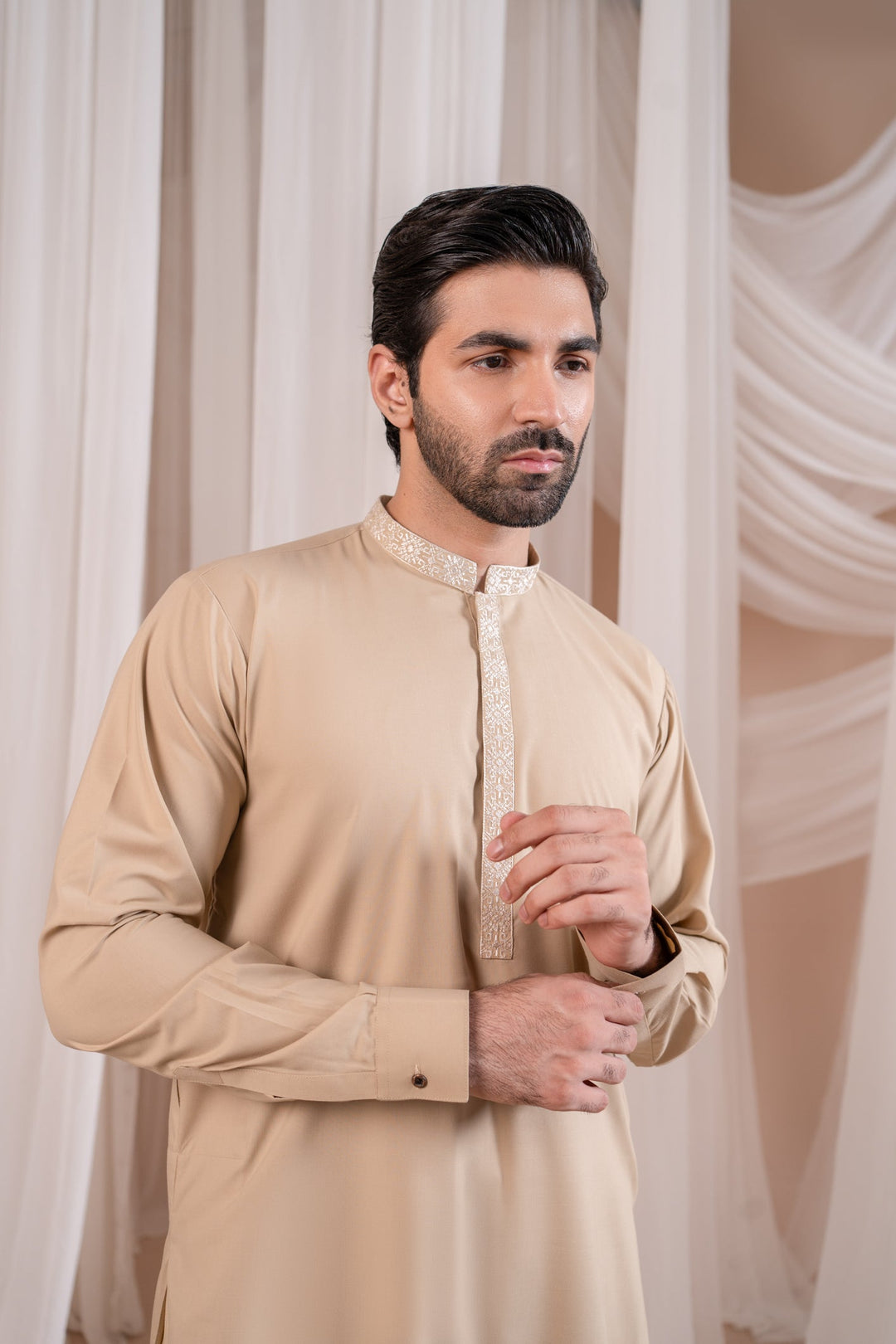 Muraqsh Ready To Wear Embroidered Cotton Men Formal Ivory Kurta Shalwar Collar Neck MUR-FIKS - Summer Collection
