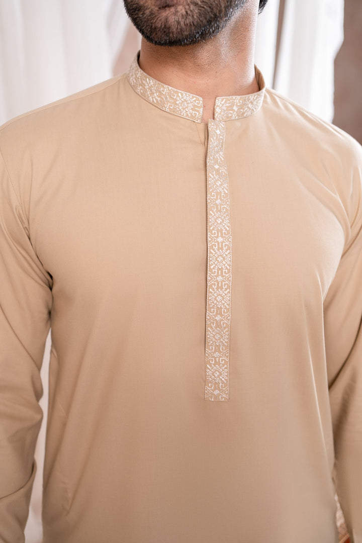 Muraqsh Ready To Wear Embroidered Cotton Men Formal Ivory Kurta Shalwar Collar Neck MUR-FIKS - Summer Collection