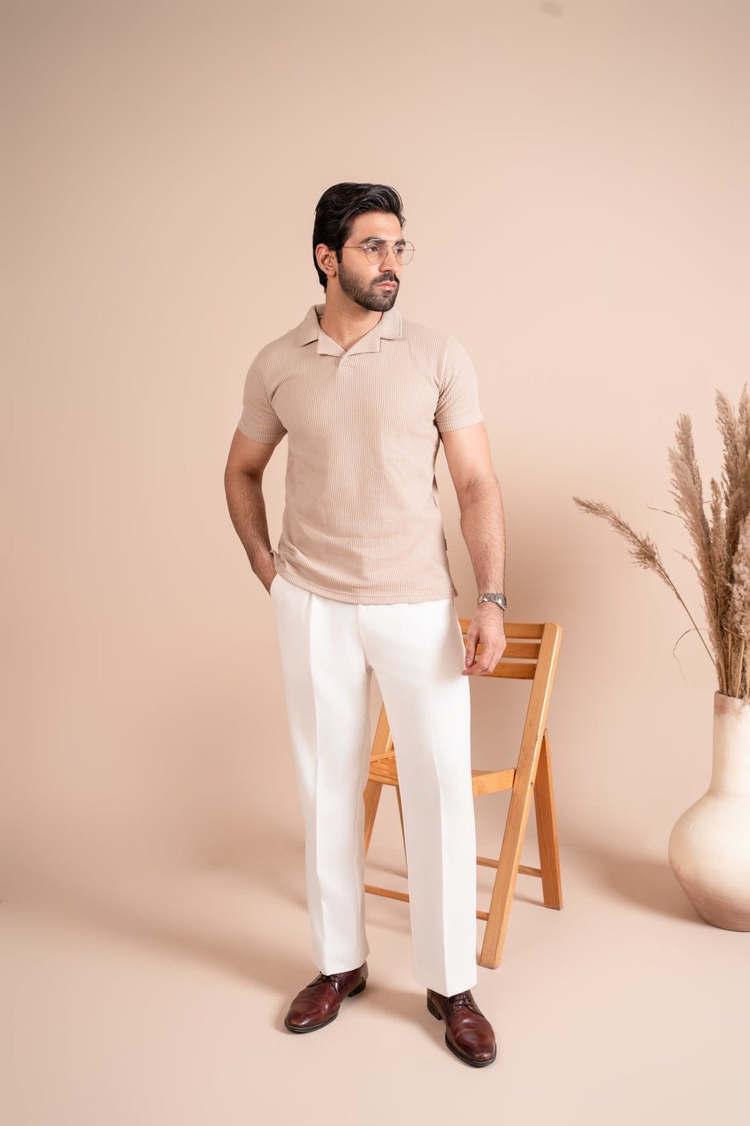 Muraqsh Ready To Wear Solids Cotton Men Beige Drop Needle Revere Polo ABD-BDNRP - Summer Collection