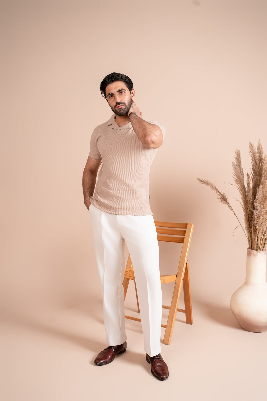Muraqsh Ready To Wear Solids Cotton Men Beige Drop Needle Revere Polo ABD-BDNRP - Summer Collection
