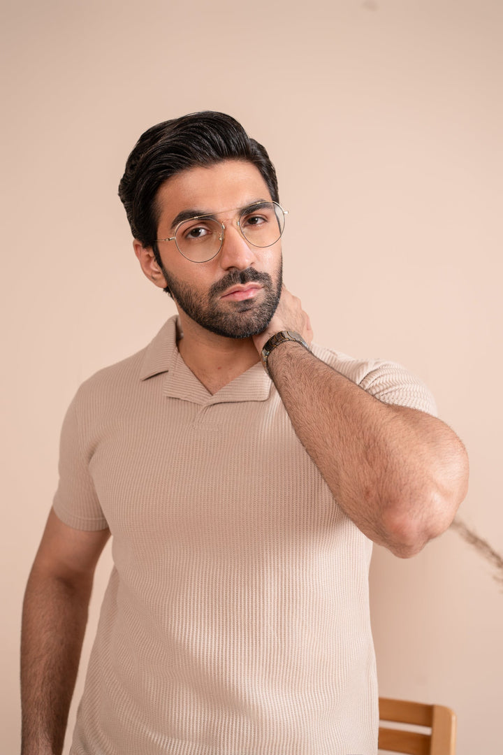 Muraqsh Ready To Wear Solids Cotton Men Beige Drop Needle Revere Polo ABD-BDNRP - Summer Collection