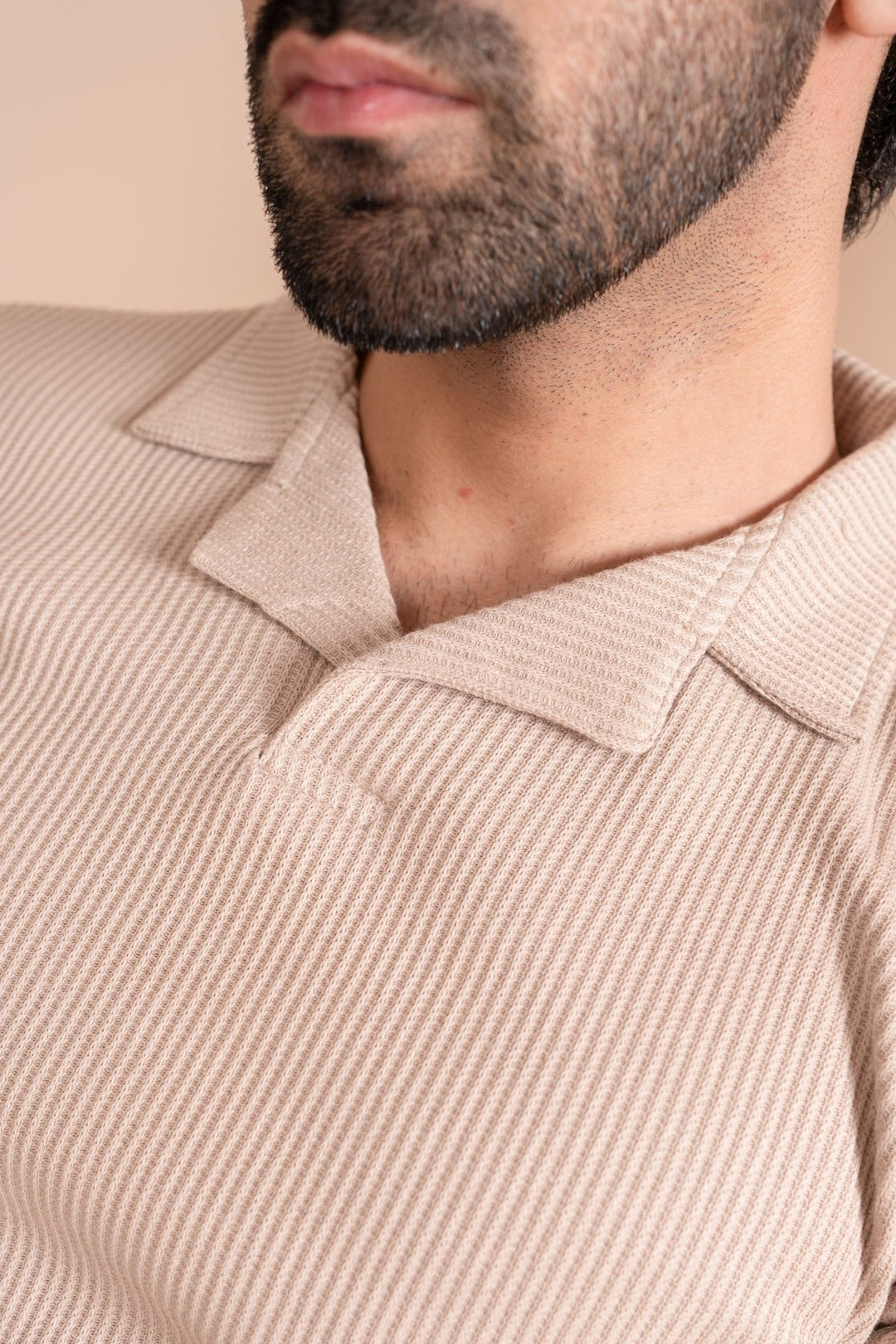 Muraqsh Ready To Wear Solids Cotton Men Beige Drop Needle Revere Polo ABD-BDNRP - Summer Collection