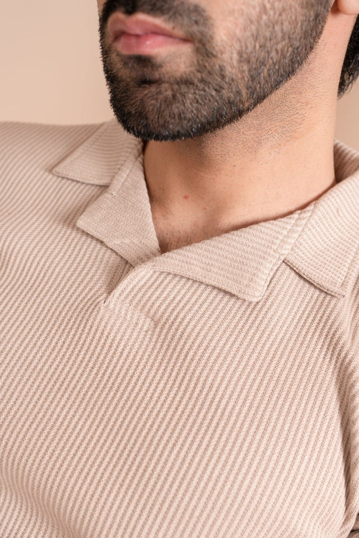 Muraqsh Ready To Wear Solids Cotton Men Beige Drop Needle Revere Polo ABD-BDNRP - Summer Collection