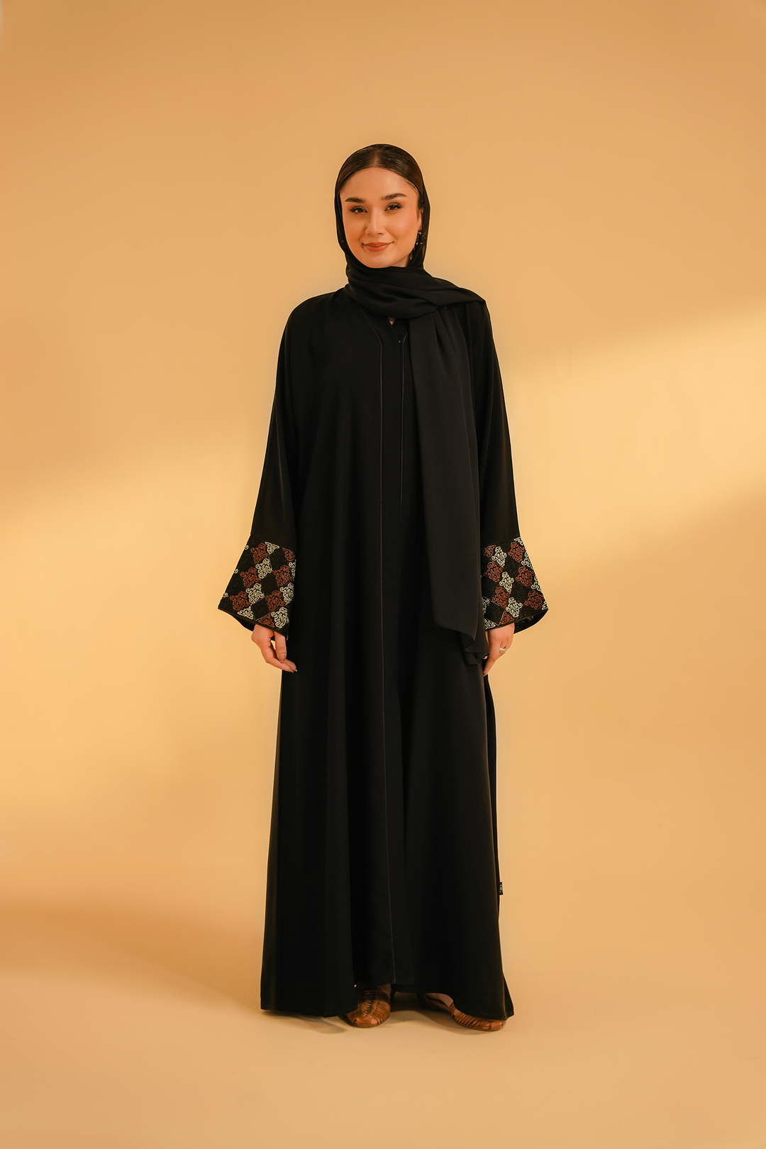 Divinely Crafted Abaya Casual Crepe 1 Piece Cuff Embroidered Abaya | Black