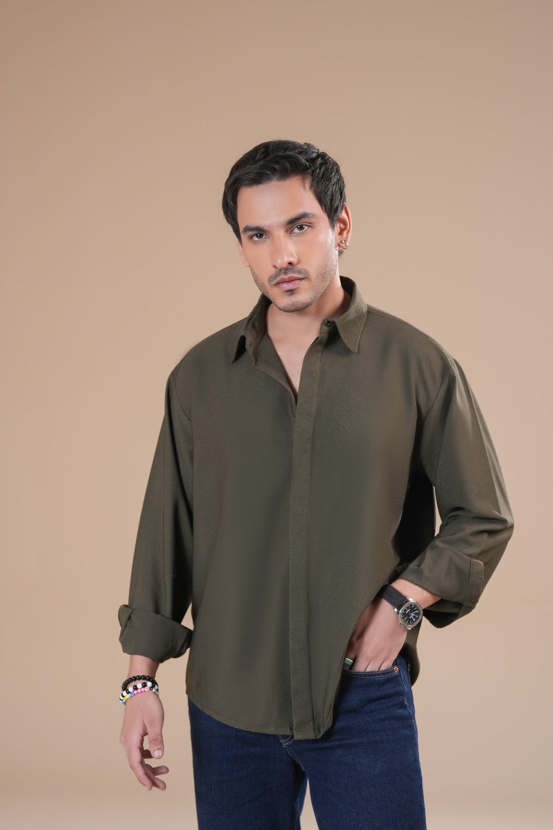 Muraqsh Ready To Wear Solids Poplin Men Olive Honeycomb Interlock Poplin Shirt ABD-OHIPS - Summer Collection