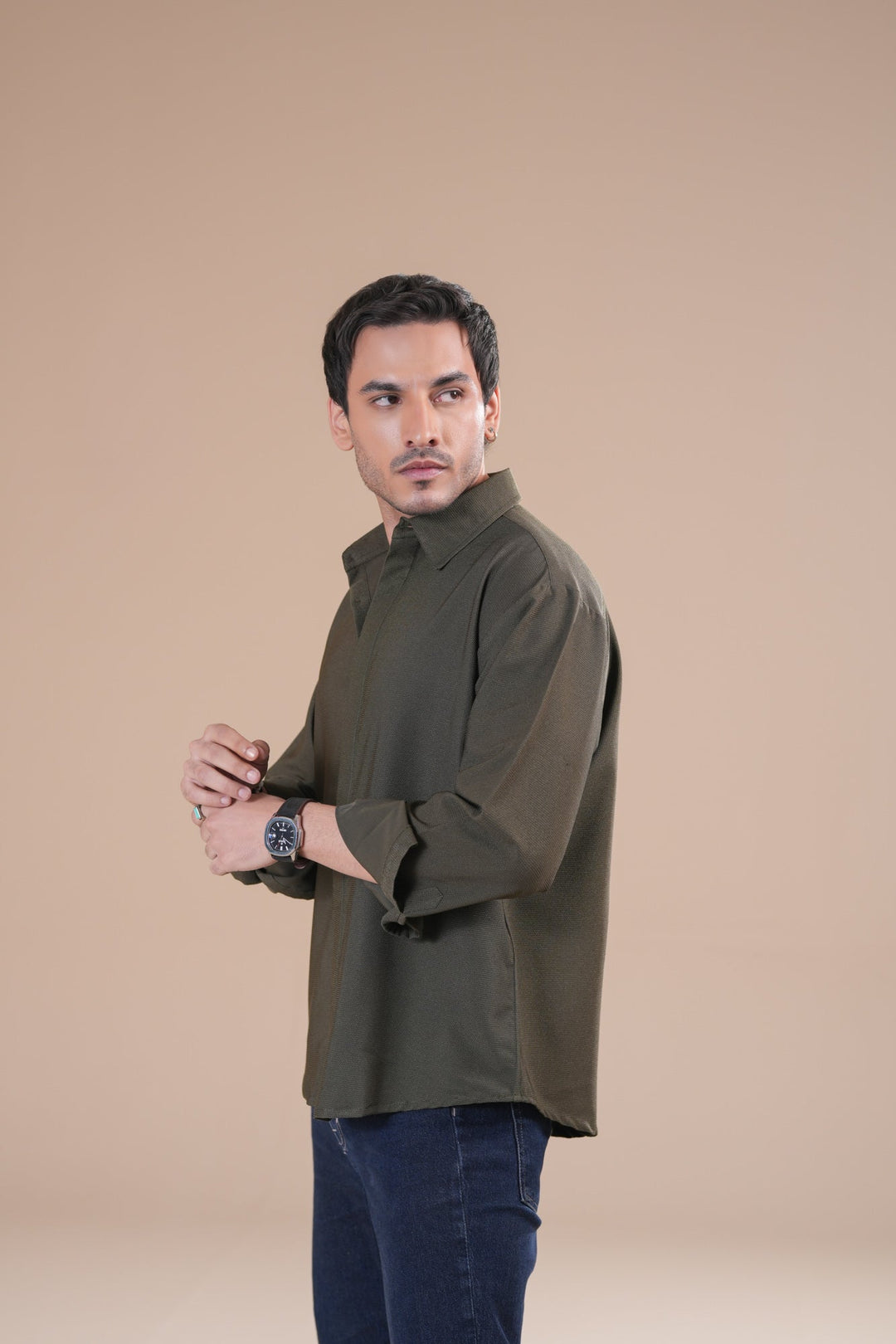 Muraqsh Ready To Wear Solids Poplin Men Olive Honeycomb Interlock Poplin Shirt ABD-OHIPS - Summer Collection