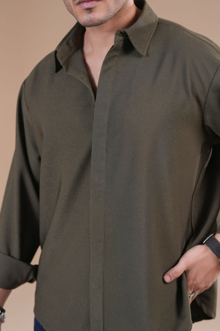 Muraqsh Ready To Wear Solids Poplin Men Olive Honeycomb Interlock Poplin Shirt ABD-OHIPS - Summer Collection