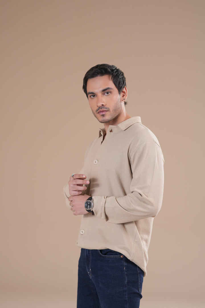 Muraqsh Ready To Wear Solids Cotton Men Beige Polo Collar Cardigan ABD-BPCC - Winter Collection