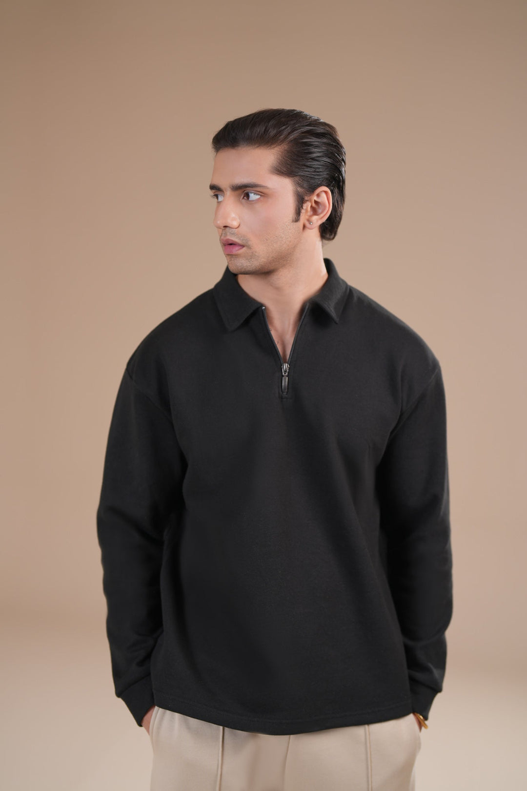 Muraqsh Ready To Wear Solids Cotton Men Black Interlock Zipper Polo Full Sleeves ABD-BIZP - Summer Collection