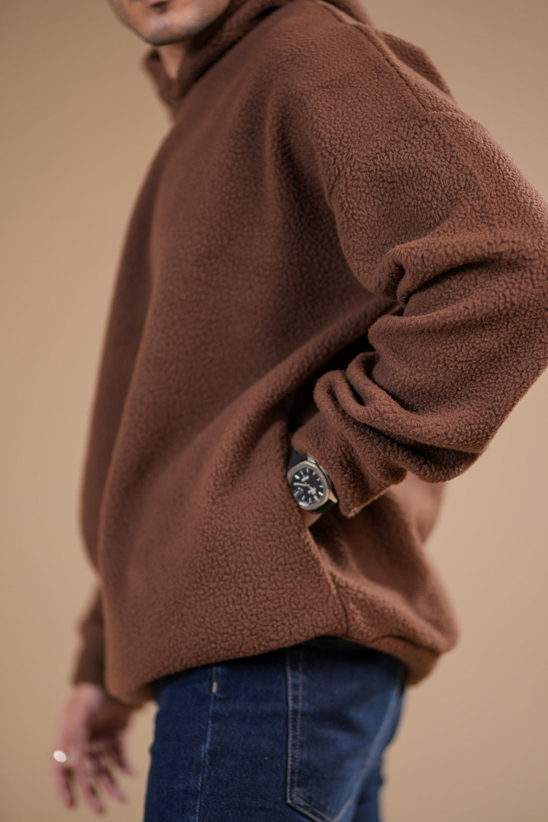 Muraqsh Ready To Wear Solids Fleece Men Brown Sherpa Hoodie Relaxed Fit ABD-BSH-R - Winter Collection