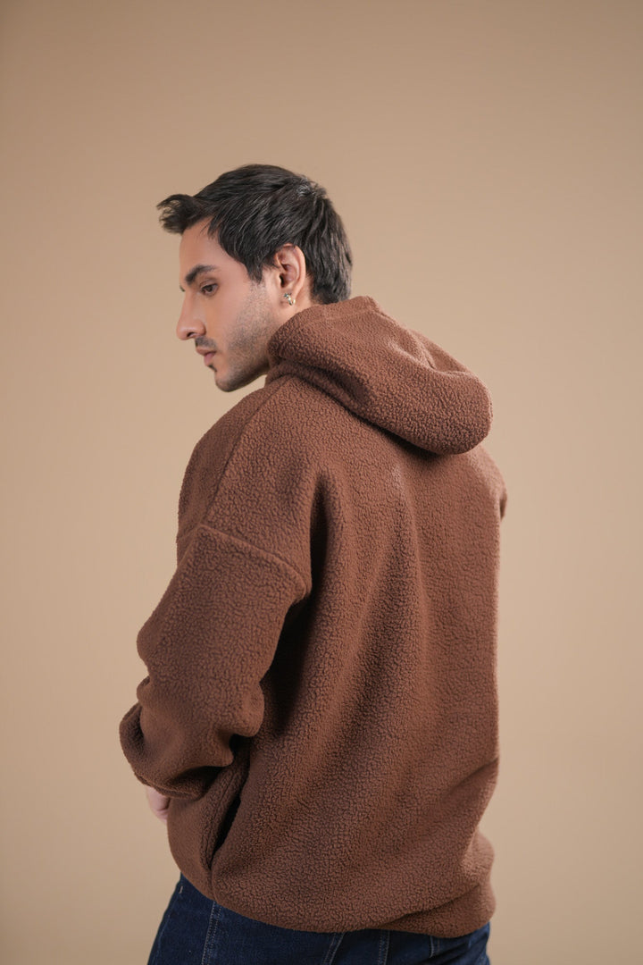 Muraqsh Ready To Wear Solids Fleece Men Brown Sherpa Hoodie Relaxed Fit ABD-BSH-R - Winter Collection