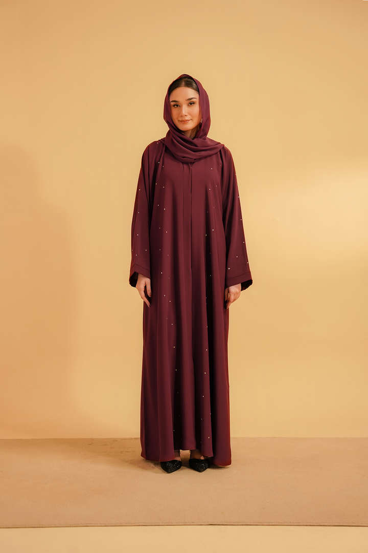 Divinely Crafted Abaya Casual Crepe 1 Piece Embellished Abaya | Maroon
