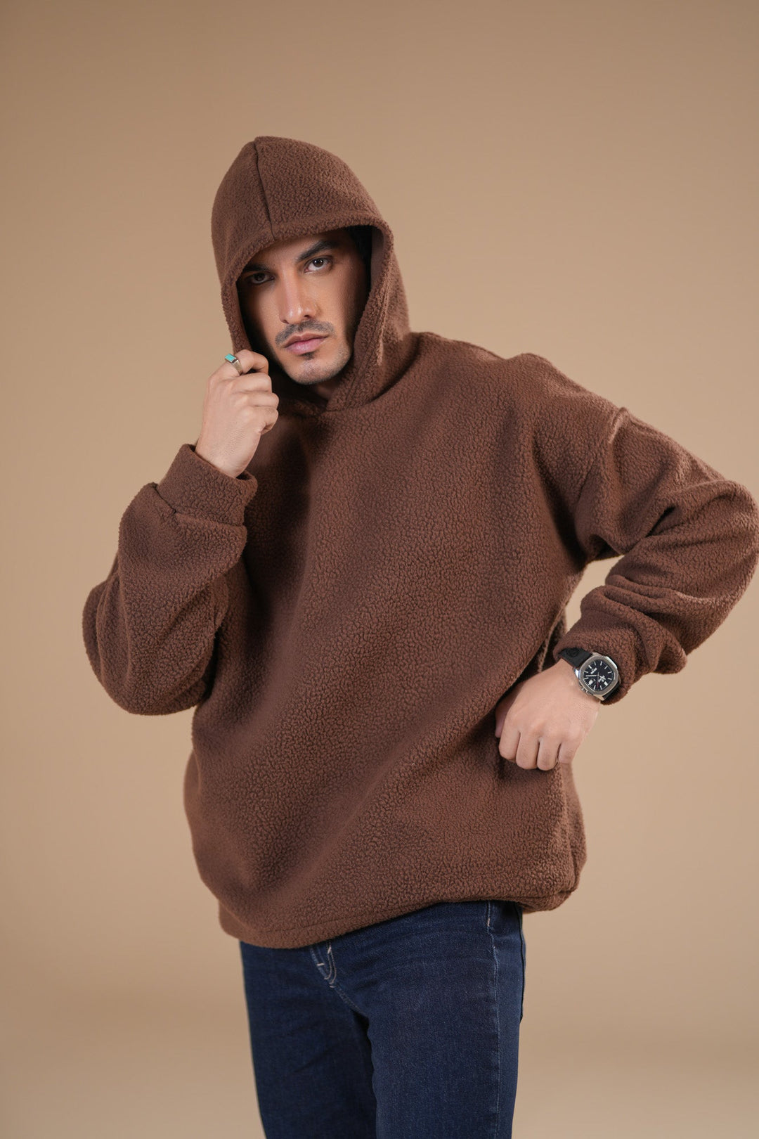 Muraqsh Ready To Wear Solids Fleece Men Brown Sherpa Hoodie Relaxed Fit ABD-BSH-R - Winter Collection