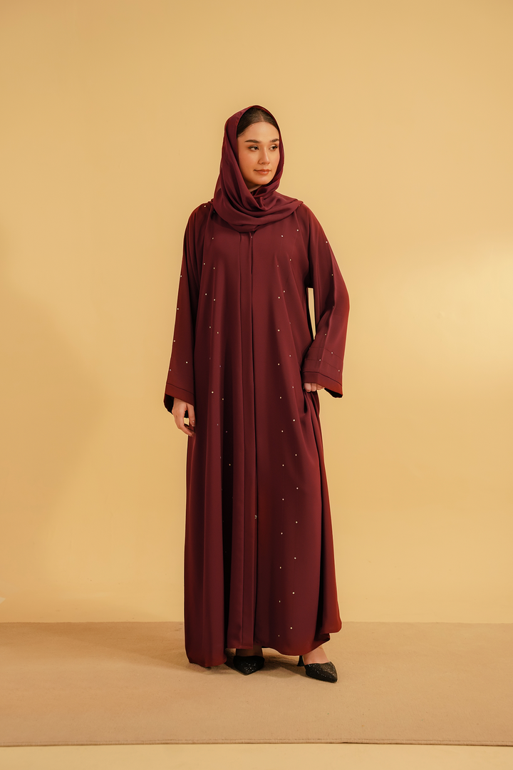 Divinely Crafted Abaya Casual Crepe 1 Piece Embellished Abaya | Maroon