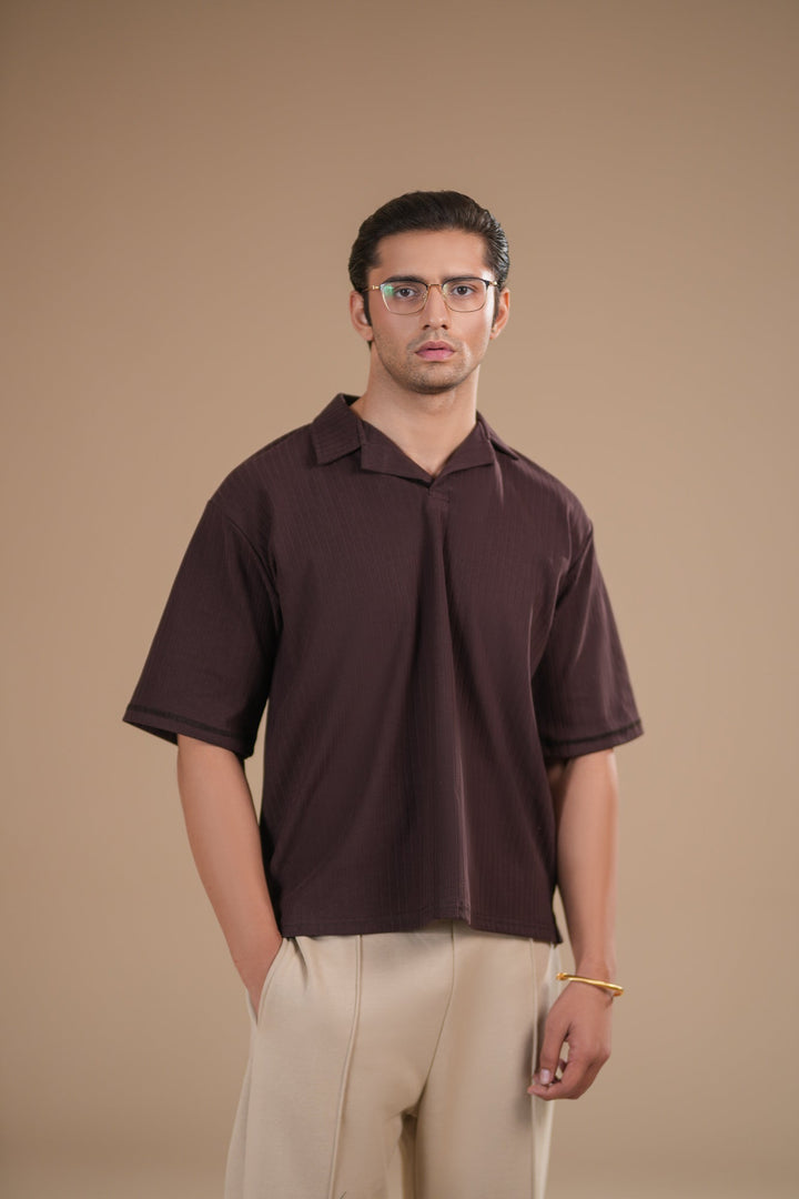 Muraqsh Ready To Wear Solids Waffle Men Brown Ribbed Boxy Revere Polo ABD-BBWRP - Summer Collection