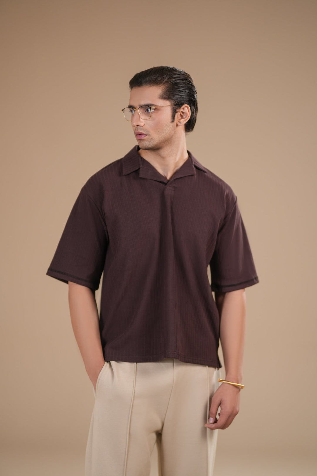Muraqsh Ready To Wear Solids Waffle Men Brown Ribbed Boxy Revere Polo ABD-BBWRP - Summer Collection
