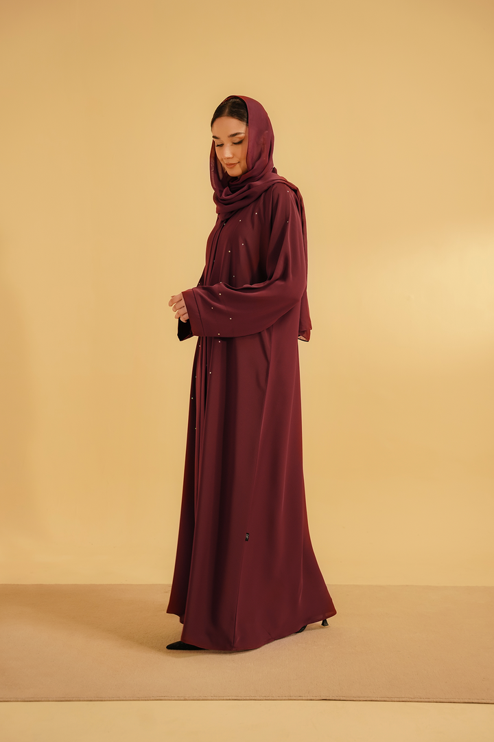 Divinely Crafted Abaya Casual Crepe 1 Piece Embellished Abaya | Maroon