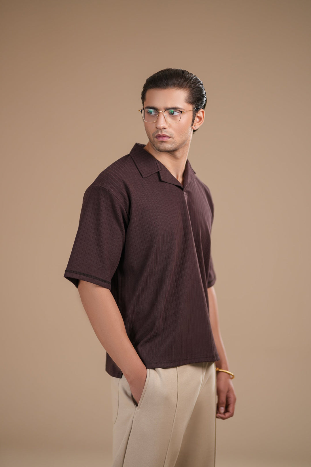 Muraqsh Ready To Wear Solids Waffle Men Brown Ribbed Boxy Revere Polo ABD-BBWRP - Summer Collection