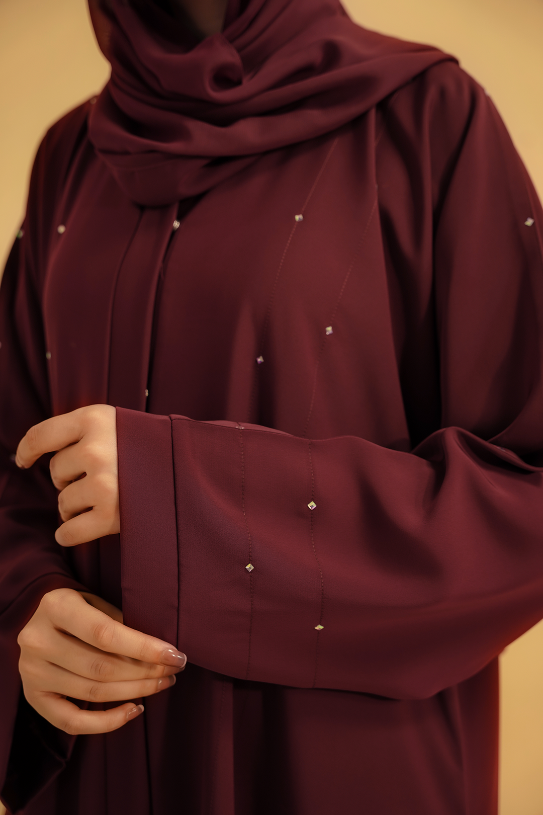 Divinely Crafted Abaya Casual Crepe 1 Piece Embellished Abaya | Maroon