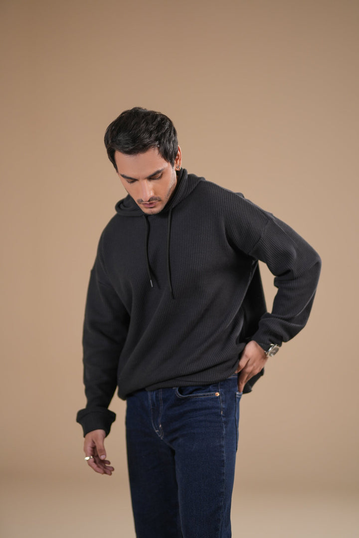 Muraqsh Ready To Wear Solids Cotton Men Black Waffle Pullover Hoodie Relaxed Fit  ABD-BWPH - Summer Collection