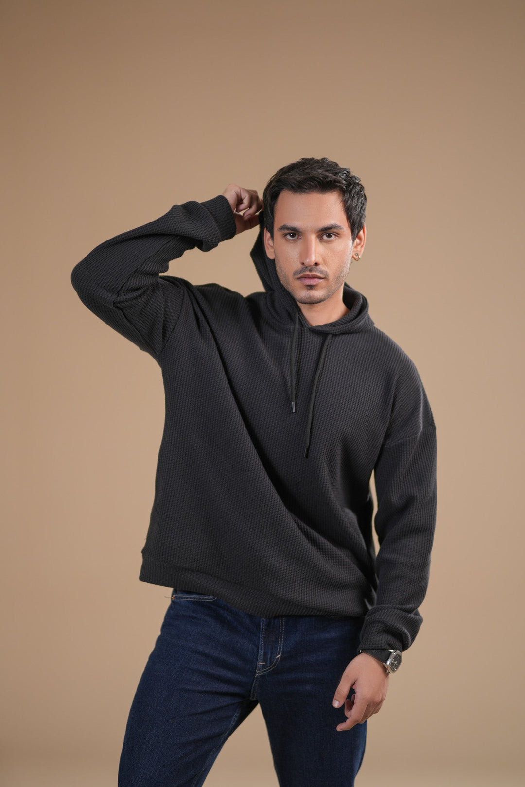 Muraqsh Ready To Wear Solids Cotton Men Black Waffle Pullover Hoodie Relaxed Fit  ABD-BWPH - Summer Collection