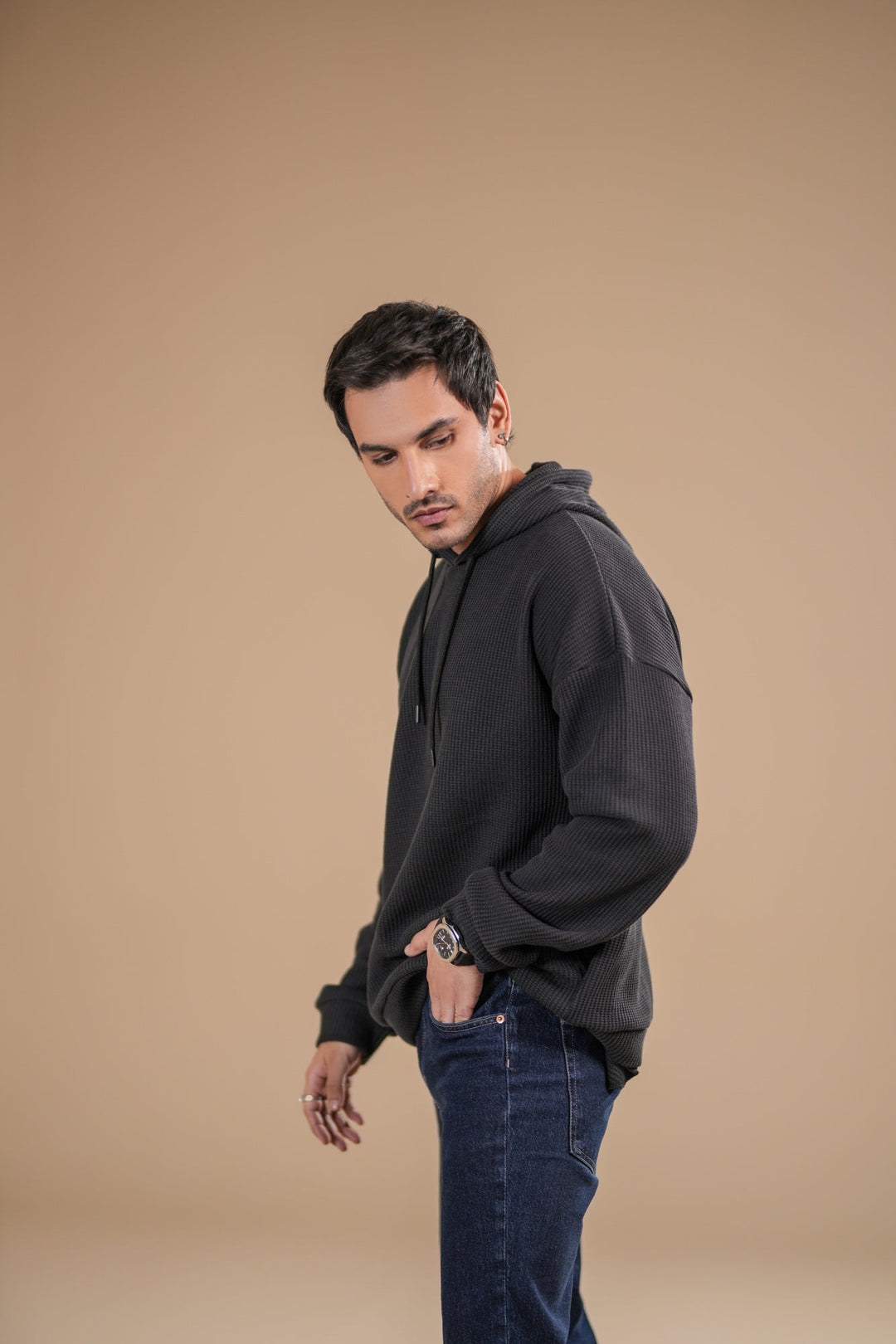 Muraqsh Ready To Wear Solids Cotton Men Black Waffle Pullover Hoodie Relaxed Fit  ABD-BWPH - Summer Collection