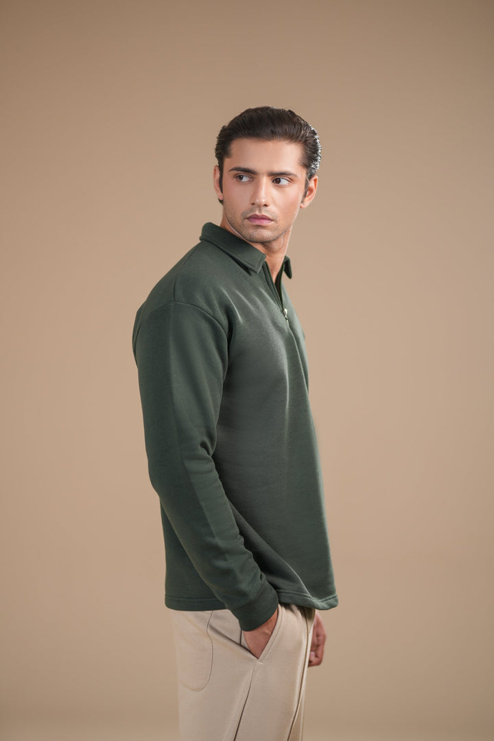 Muraqsh Ready To Wear Solids Fleece Men Deep Green Fleece Zipper Polo Full Sleeves ABD-DGFZP - Summer Collection