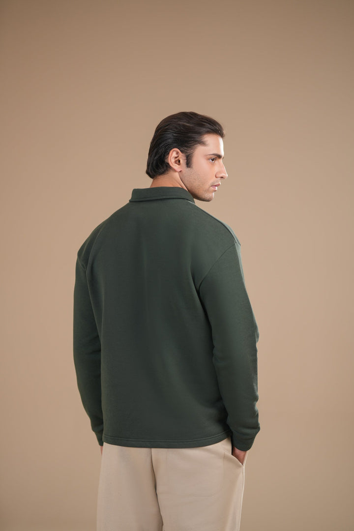 Muraqsh Ready To Wear Solids Fleece Men Deep Green Fleece Zipper Polo Full Sleeves ABD-DGFZP - Summer Collection