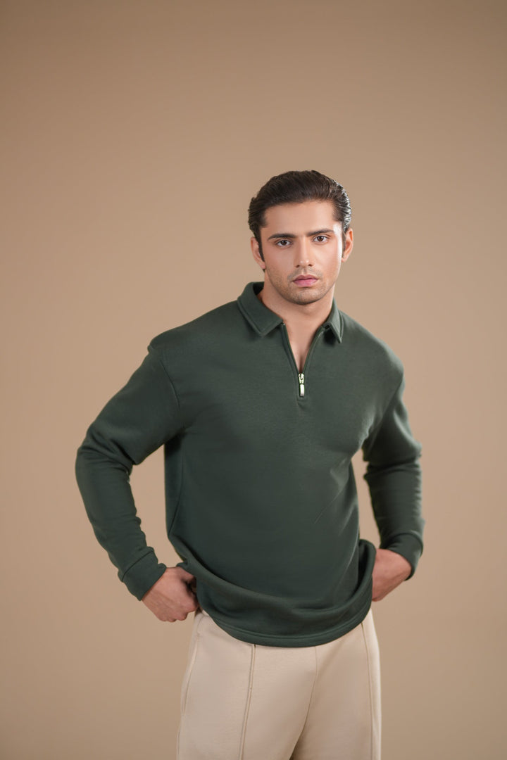 Muraqsh Ready To Wear Solids Fleece Men Deep Green Fleece Zipper Polo Full Sleeves ABD-DGFZP - Summer Collection