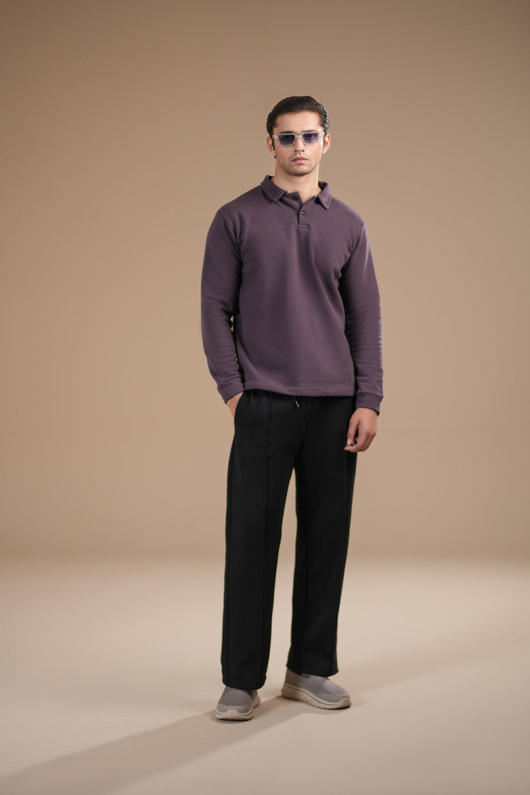 Muraqsh Ready To Wear Solids Fleece Men Deep Purple Fleece Polo Full Sleeves ABD-PFP-F - Summer Collection