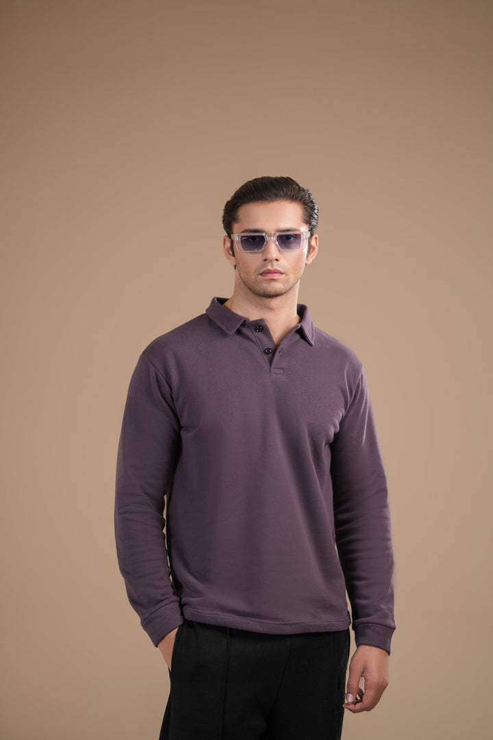 Muraqsh Ready To Wear Solids Fleece Men Deep Purple Fleece Polo Full Sleeves ABD-PFP-F - Summer Collection