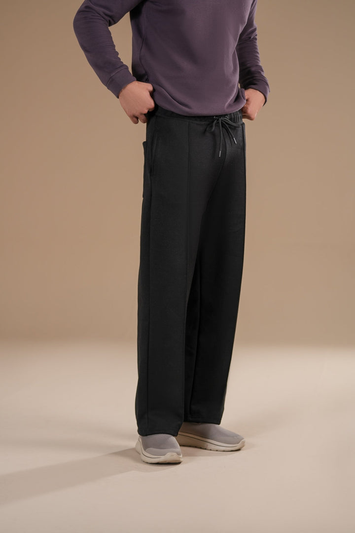 Muraqsh Ready To Wear Solids Fleece Men Black Fleece Straight Fit Trouser with Drawstring ABD-BFSFT - Summer Collection