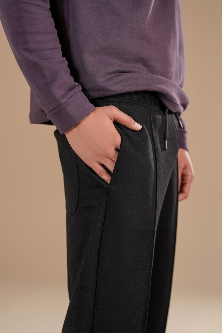 Muraqsh Ready To Wear Solids Fleece Men Black Fleece Straight Fit Trouser with Drawstring ABD-BFSFT - Summer Collection