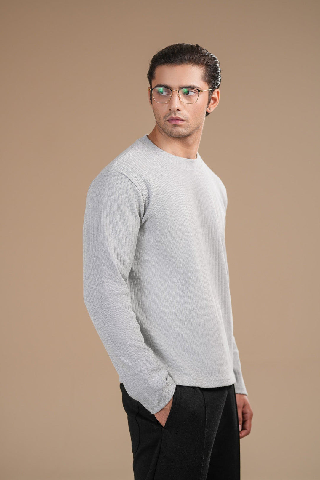Muraqsh Ready To Wear Solids Cotton Men Grey Ribbed Sweat Shirt Relaxed Fit ABD-GRSS - Summer Collection