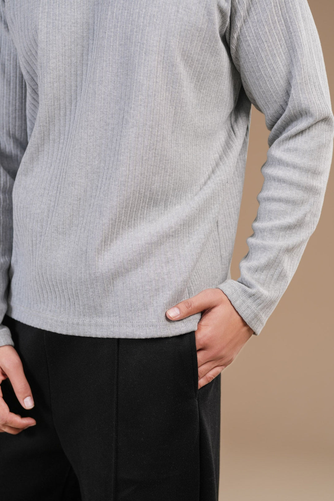 Muraqsh Ready To Wear Solids Cotton Men Grey Ribbed Sweat Shirt Relaxed Fit ABD-GRSS - Summer Collection