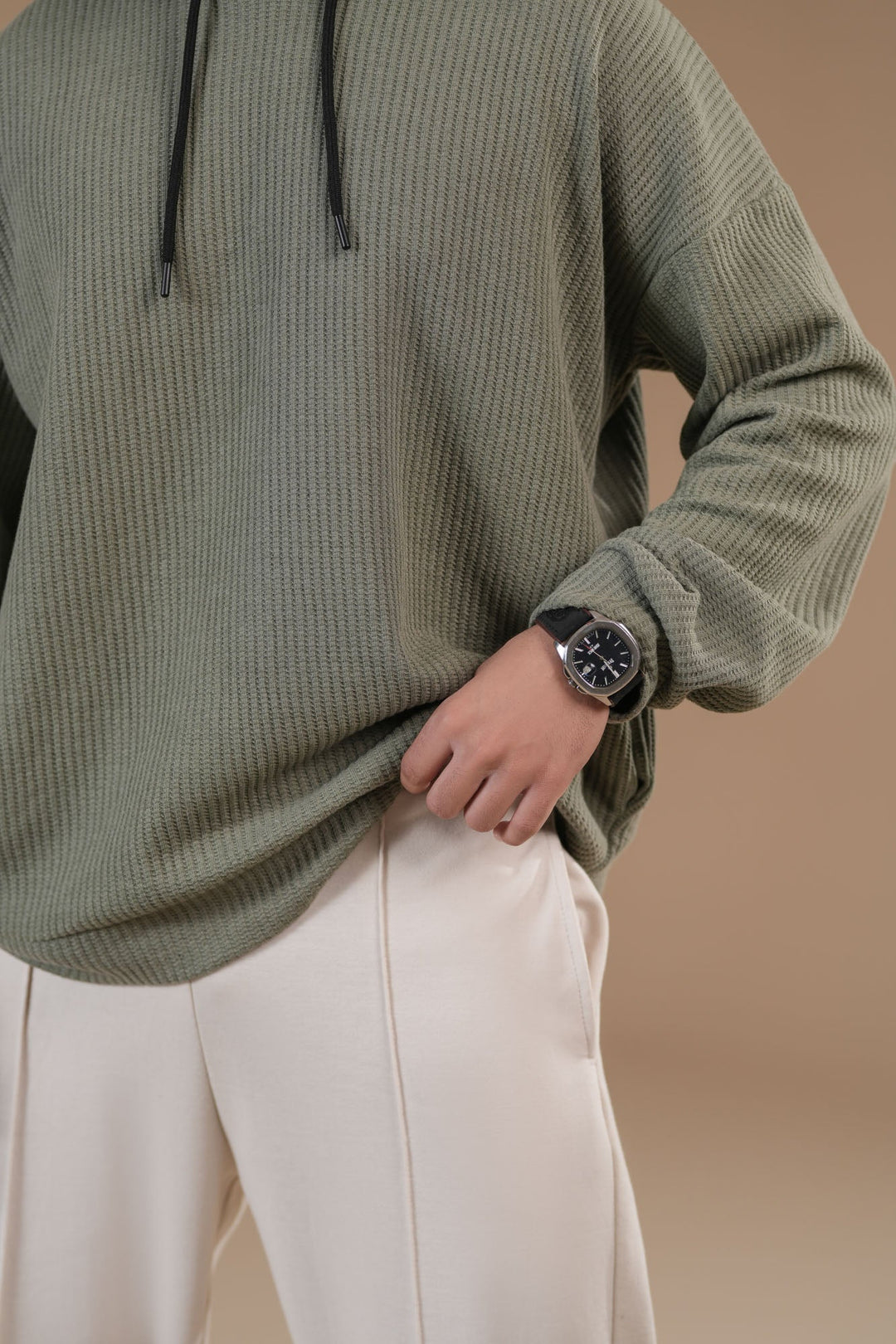 Muraqsh Ready To Wear Solids Cotton Men Olive Waffle Pullover Hoodie Relaxed Fit ABD-OWPH - Summer Collection