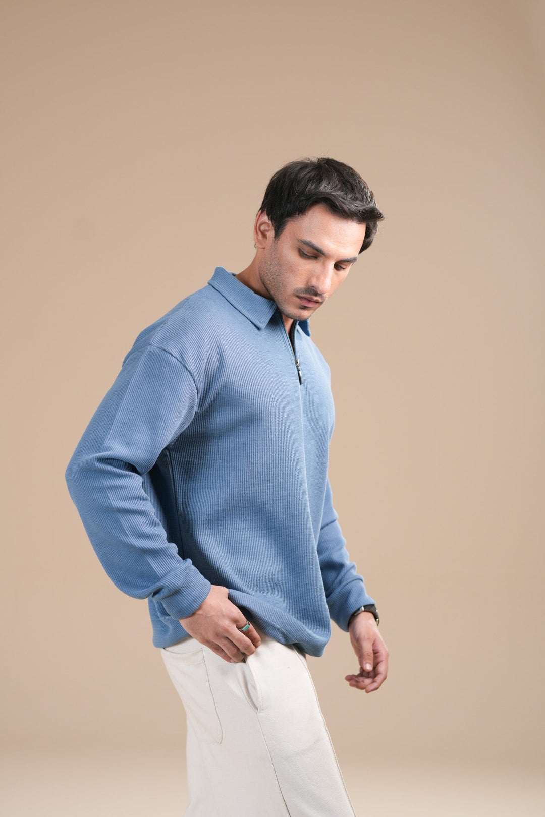 Muraqsh Ready To Wear Solids Waffle Men Sky Blue Zipper Polo Full Sleeves ABDBWZP - Summer Collection