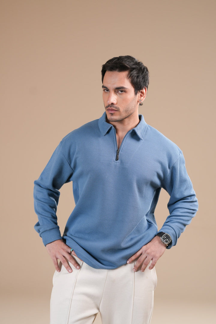 Muraqsh Ready To Wear Solids Waffle Men Sky Blue Zipper Polo Full Sleeves ABDBWZP - Summer Collection