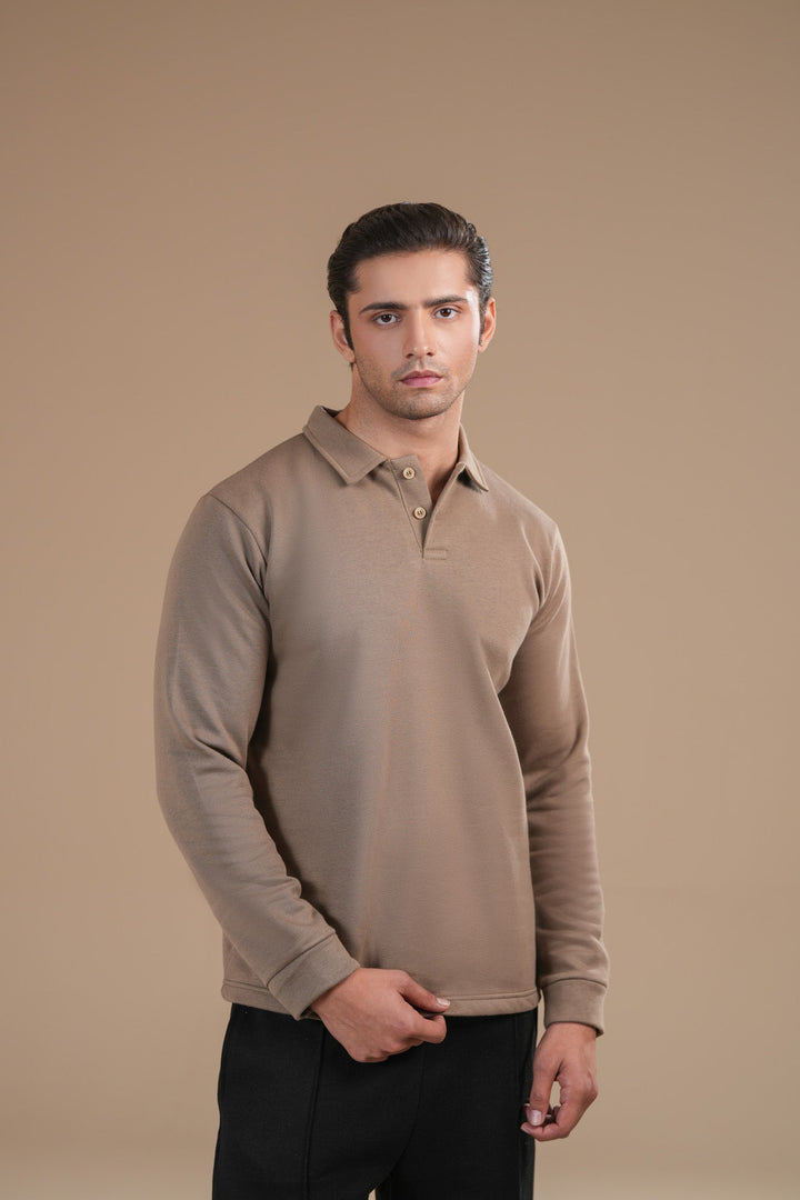 Muraqsh Ready To Wear Solids Fleece Men Beige Fleece Polo Full Sleeves ABD-BFP-F - Summer Collection