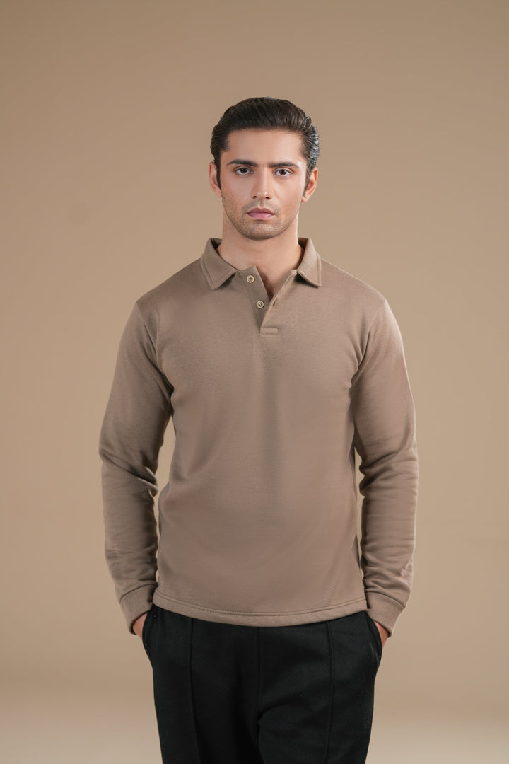 Muraqsh Ready To Wear Solids Fleece Men Beige Fleece Polo Full Sleeves ABD-BFP-F - Summer Collection